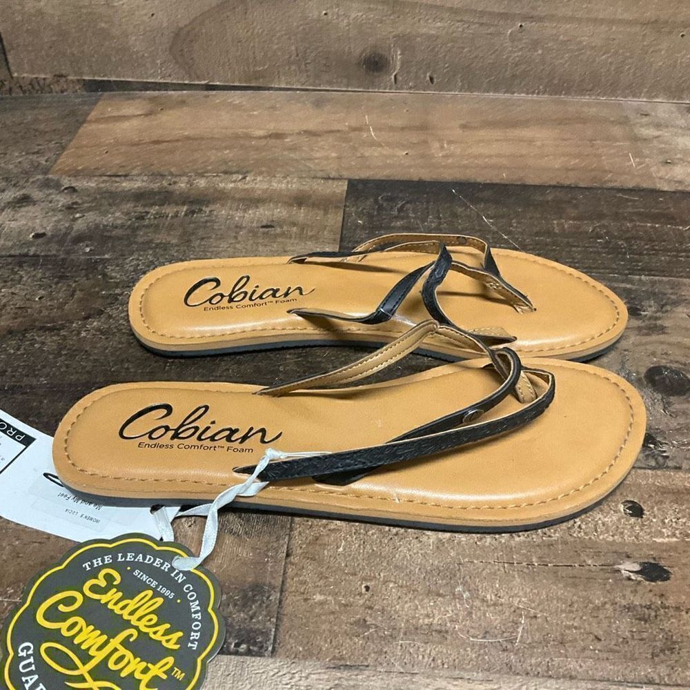 Cobian Women’s Size 6 Strappy Flip Flops Black Tan Vegan Leather Sandals NWT